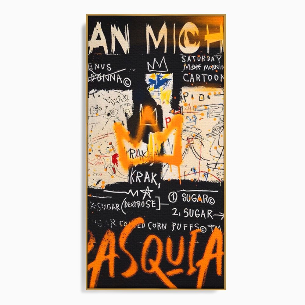Tablou canvas cu tablou canvas cu arta graffiti jean-michel basquiat, in rama de aluminiu auriu